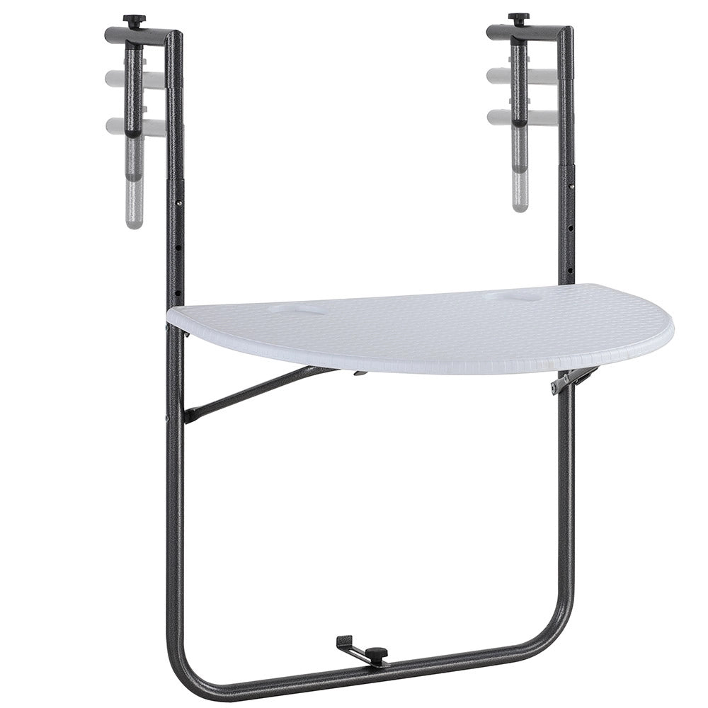 Tavolino Balcone Pieghevole Metallo e Polyrattan 2 Porta Bicchieri Regolabile Bianco