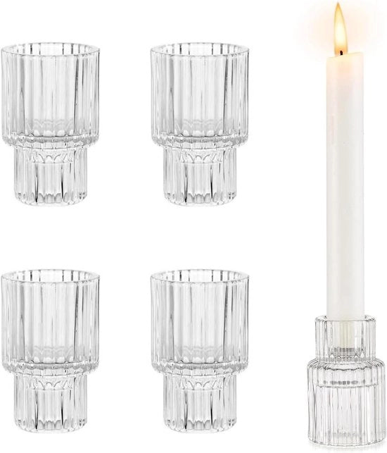 Vetrini per candele in vetro, 4 pezzi, trasparenti, striature verticali, per uso domestico, ristorante, matrimoni.