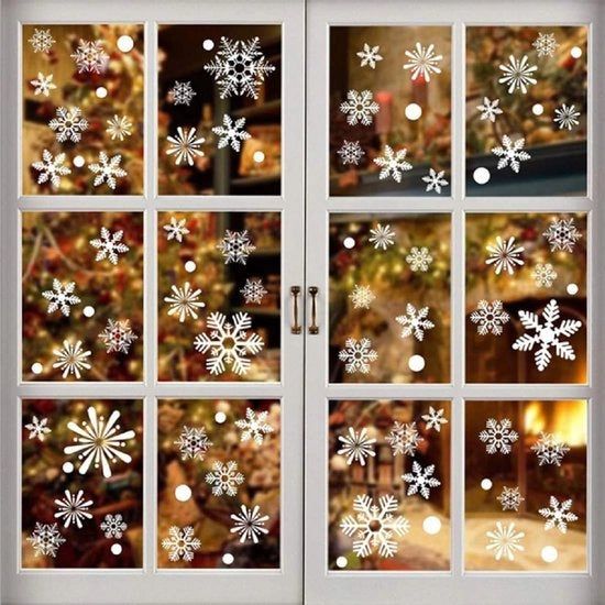 Corona d'oro - Decorazione di Natale per finestre - Fiocchi di neve bianchi - Etichette adesive - 6 pezzi - Decorazione in PVC - Sticker per finestre festivi - Adatto per uso riciclabile