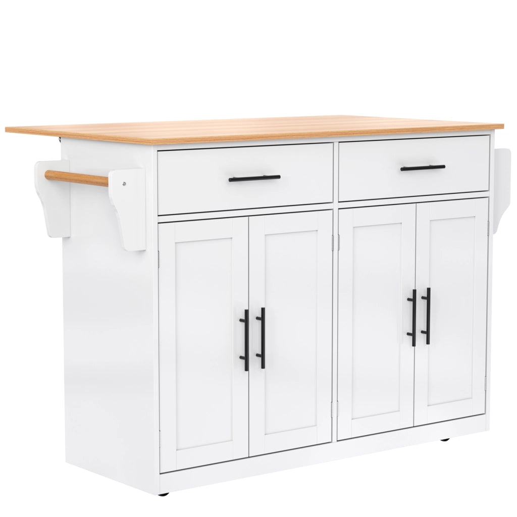 Carrello da cucina pieghevole 120×46(70)×91,5 cm, bianco e naturale, con ruote e gambe in legno