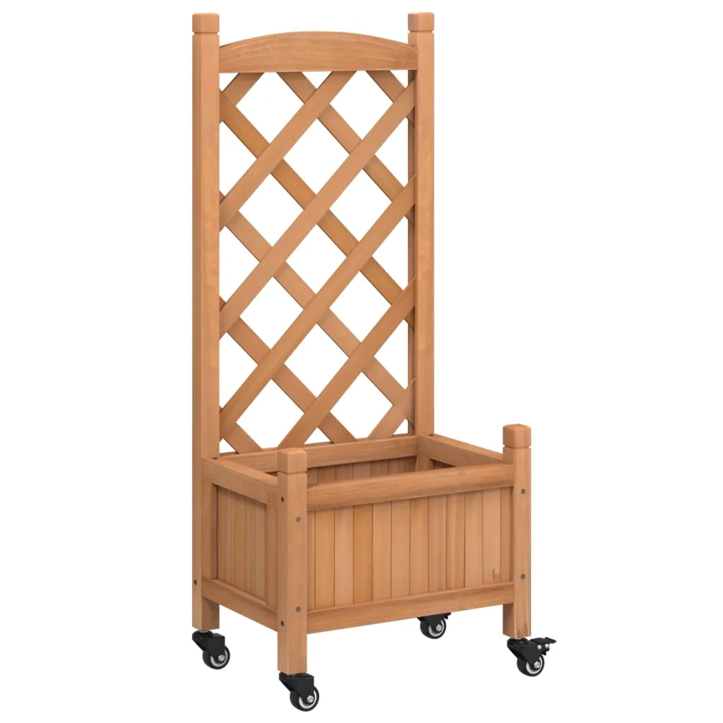 Fioriera | Cassetta per fiori | Vaso con Traliccio e Ruote Marrone Legno Massello di Abete