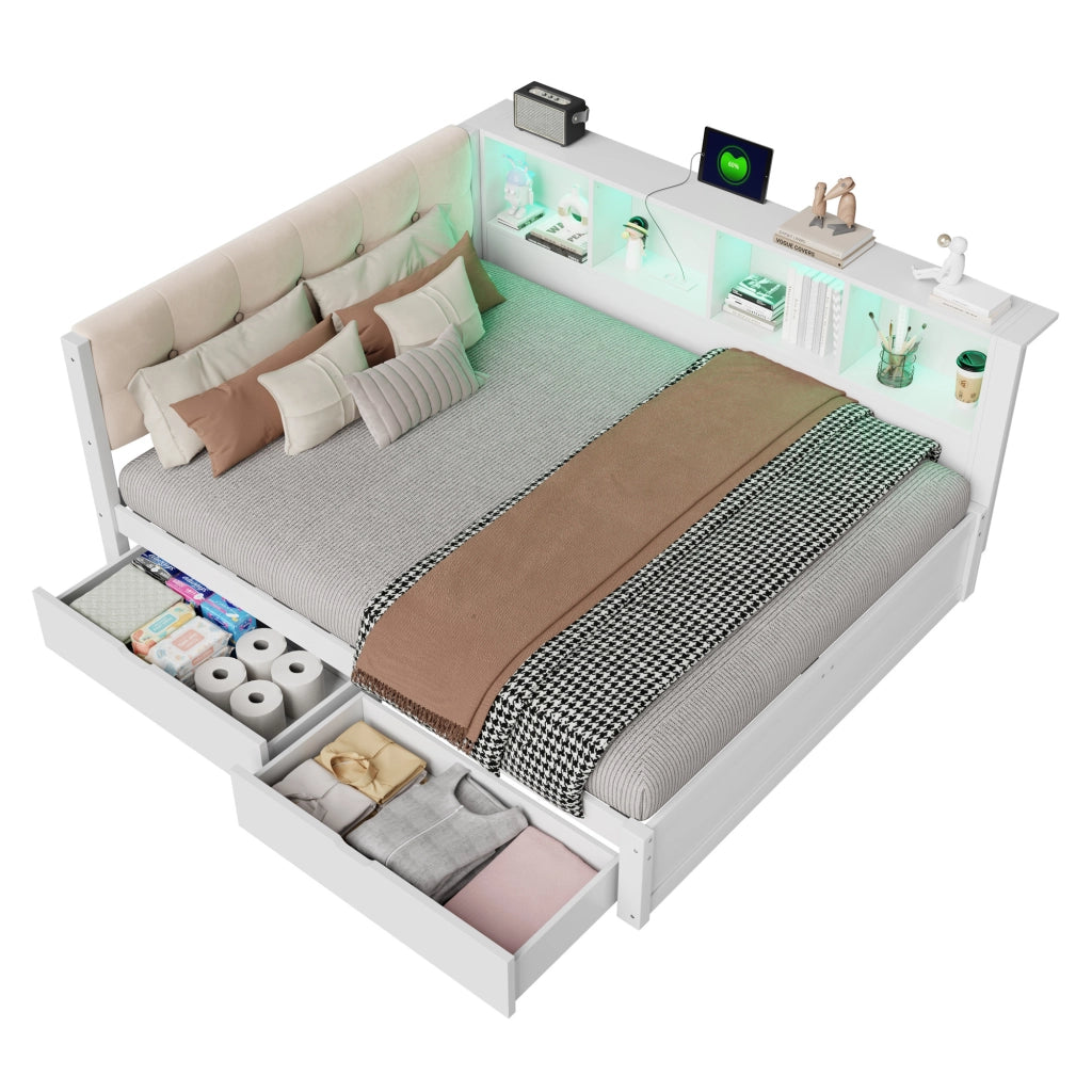 Letto a Divanetto 140x200 cm; Letto Singolo - 2 Cassetti; USB; LED e Mensole; Bianco