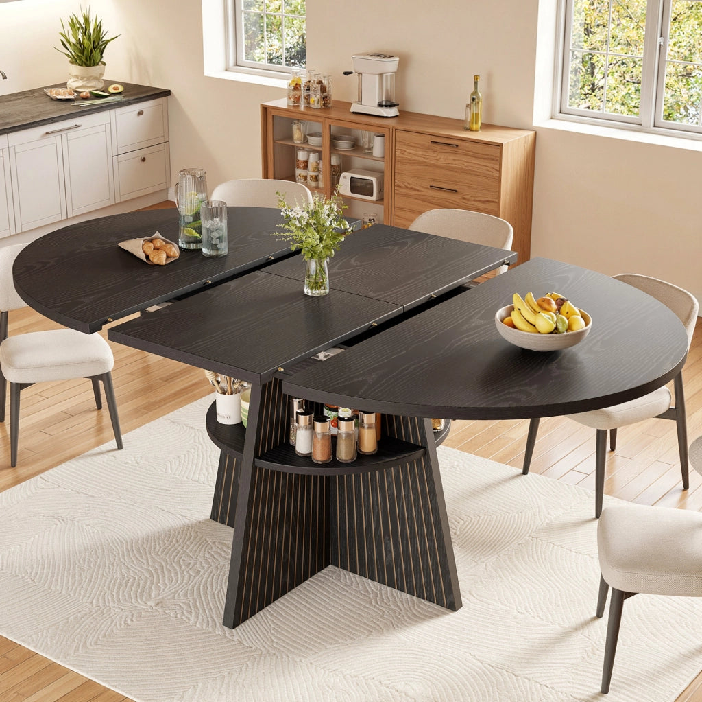 Tavolo da pranzo allungabile 110-150x110x76 cm con vano portaoggetti; MDF e metallo; nero
