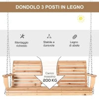 Dondolo Sospeso 3 Posti, Dondolo in Legno per Giardino o Terrazzo con Tavolino Pieghevole e Portabicchieri