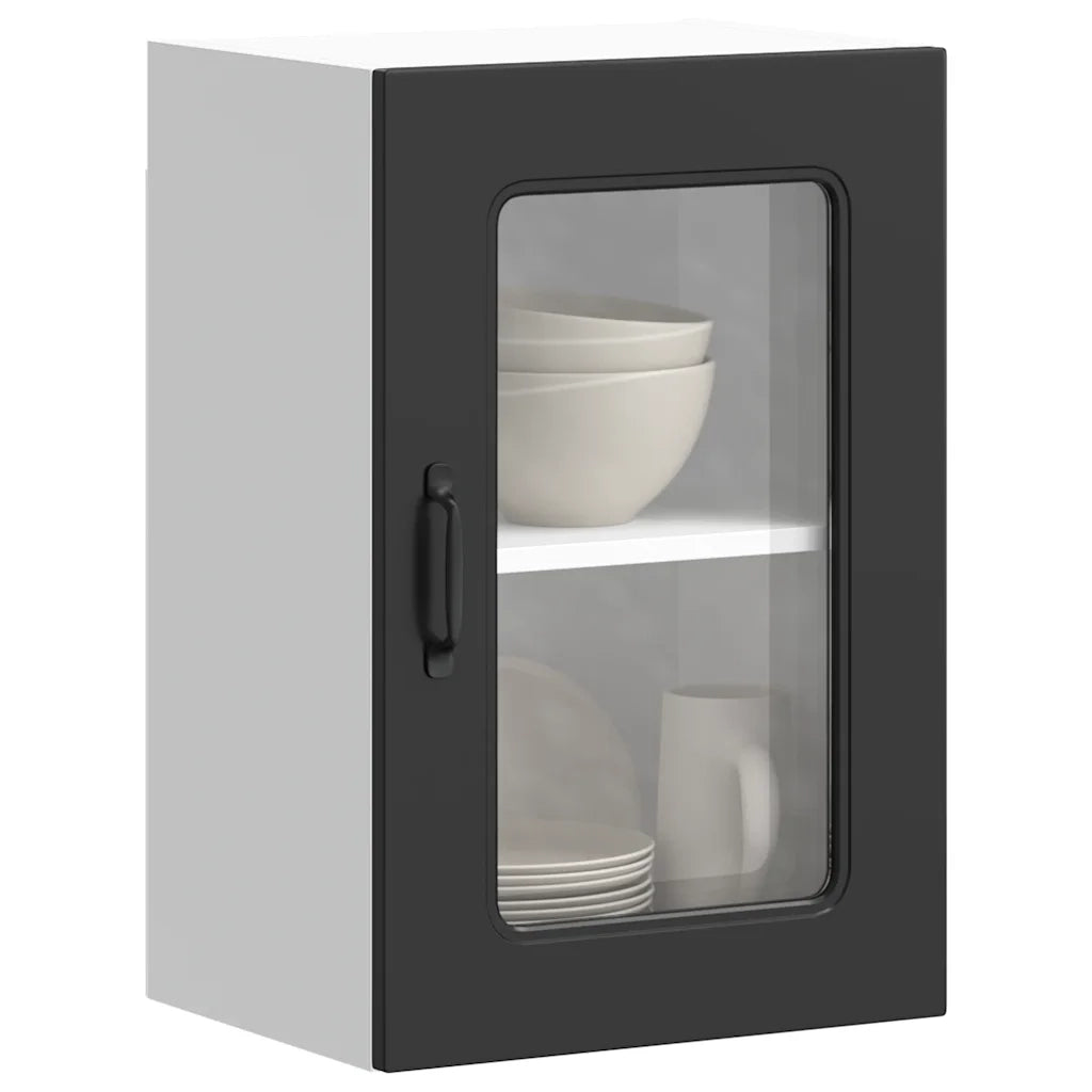 Pensile da Cucina | Mobile da Cucina con Porta in Vetro Kalmar Nero Truciolato