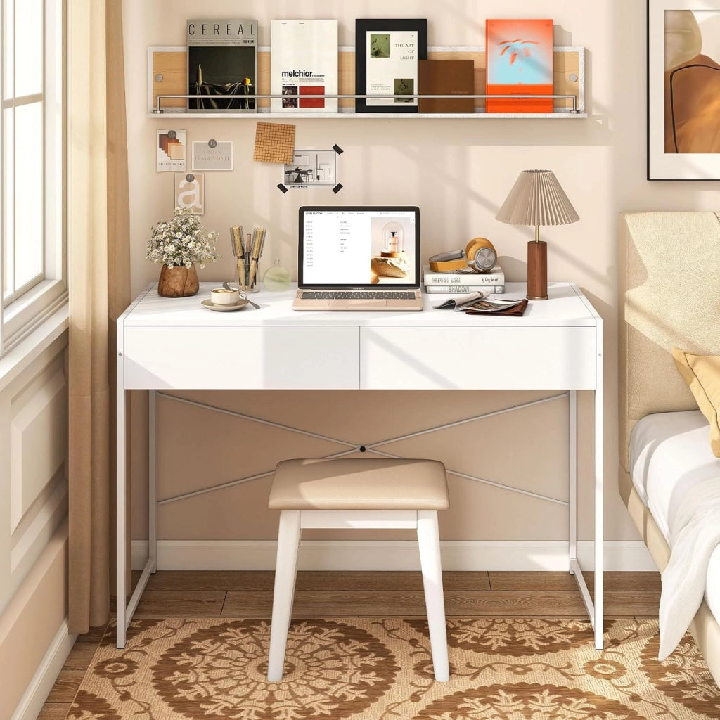 Scrivania per Computer con 2 Cassetti, Scrivania Porta PC con Telaio in Metallo e Legno, Posizione da Lavoro per Studio e Ufficio, Portata 100 kg, 112 x 48 x 76 cm (Bianco)