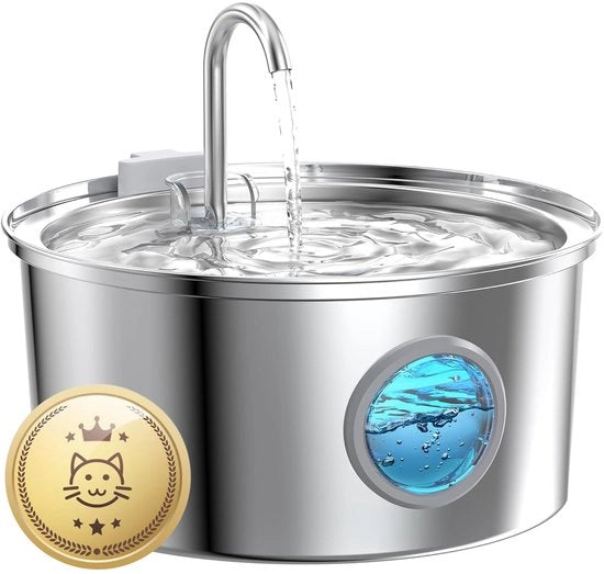 Fonteino per gatti in acciaio inossidabile: Fonteino silenzioso da 3,2L con vetrino livello acqua - Adatto anche per cani
