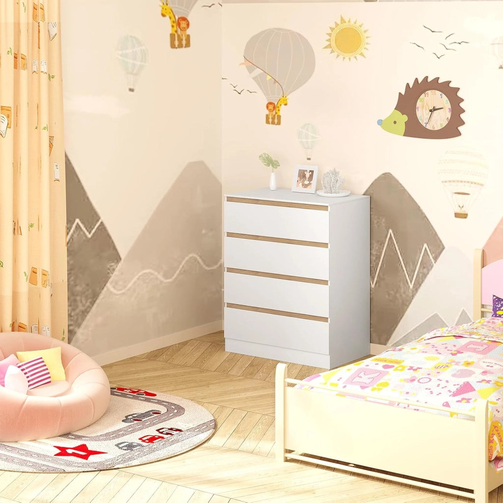 Mobile Fasciatoio per Bambini, Cassettiera con 4 Cassetti, Cassettone con Ripiano Fasciatoio Rimovibile, in Legno MDF e Truciolare, Bianco+Rovere