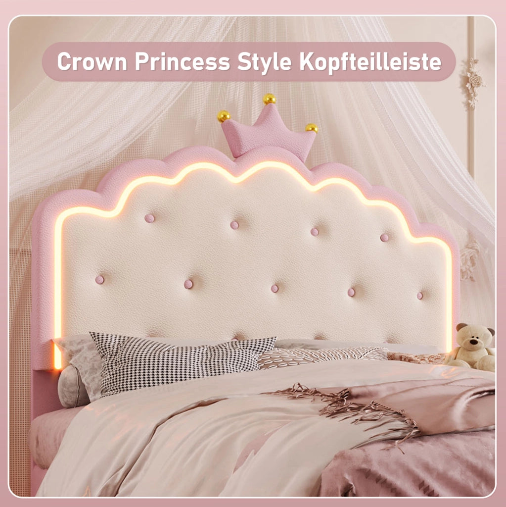 Letto imbottito principessa 140x200 cm rosa con LED