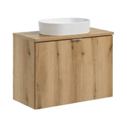 Insieme VANO aspetto rovere 80cm: mobile sottolavabo con armadietti + piano per lavabo + lavabo da appoggio scanalato bianco