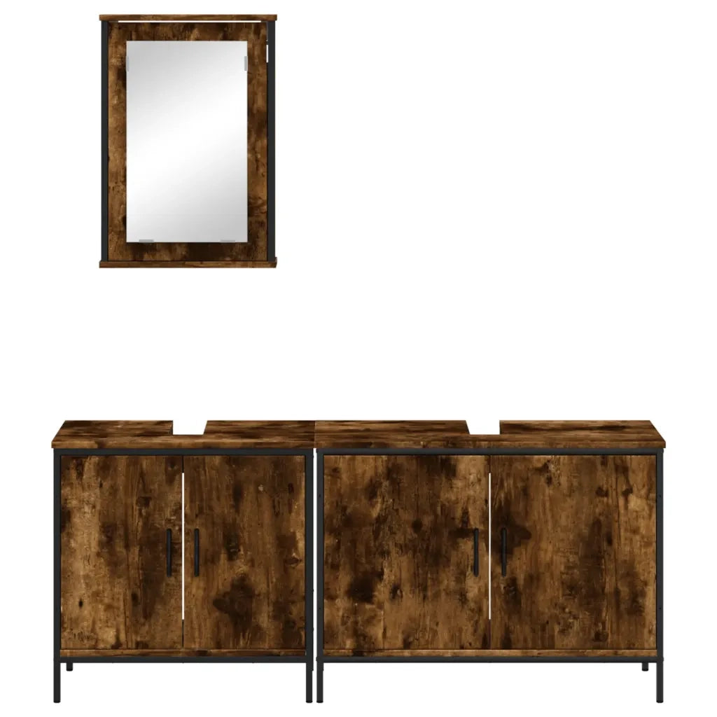 Set Mobili da Bagno | Armadio da bagno 3 pz Rovere Fumo in Legno Multistrato