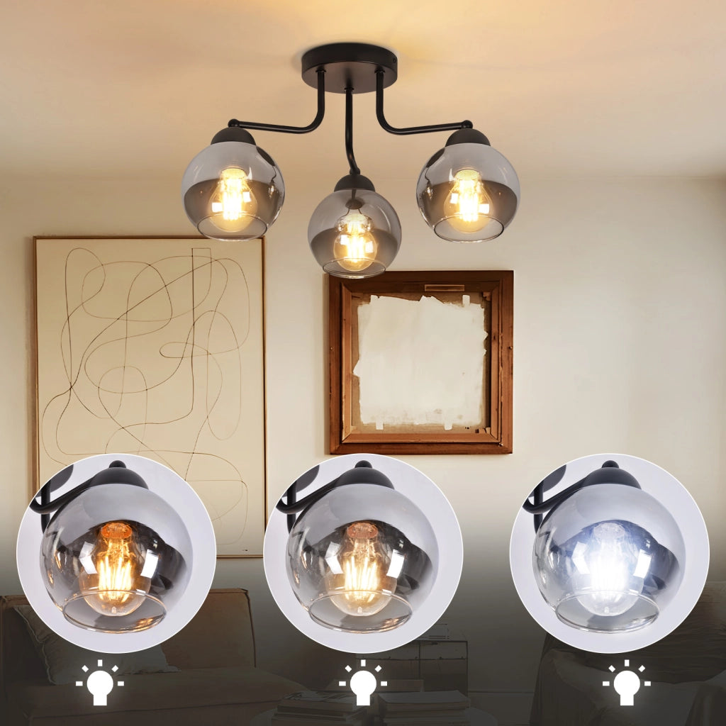 ZMH Lampada da soffitto in vetro nero vintage 3 fiamme E27 industriale rotonda illuminazione
