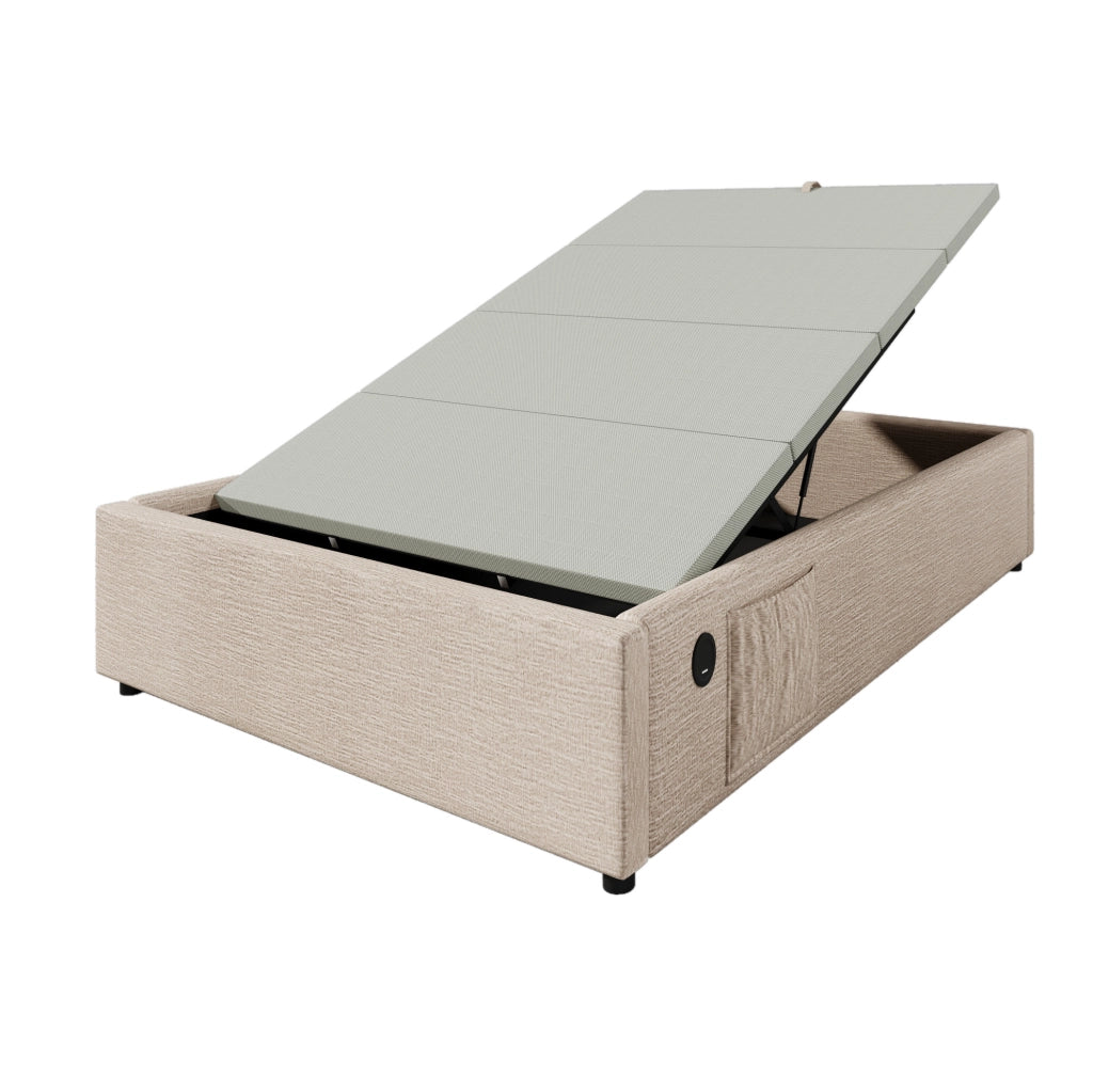 Letto contenitore 90x200 cm con USB C; lino e legno massello