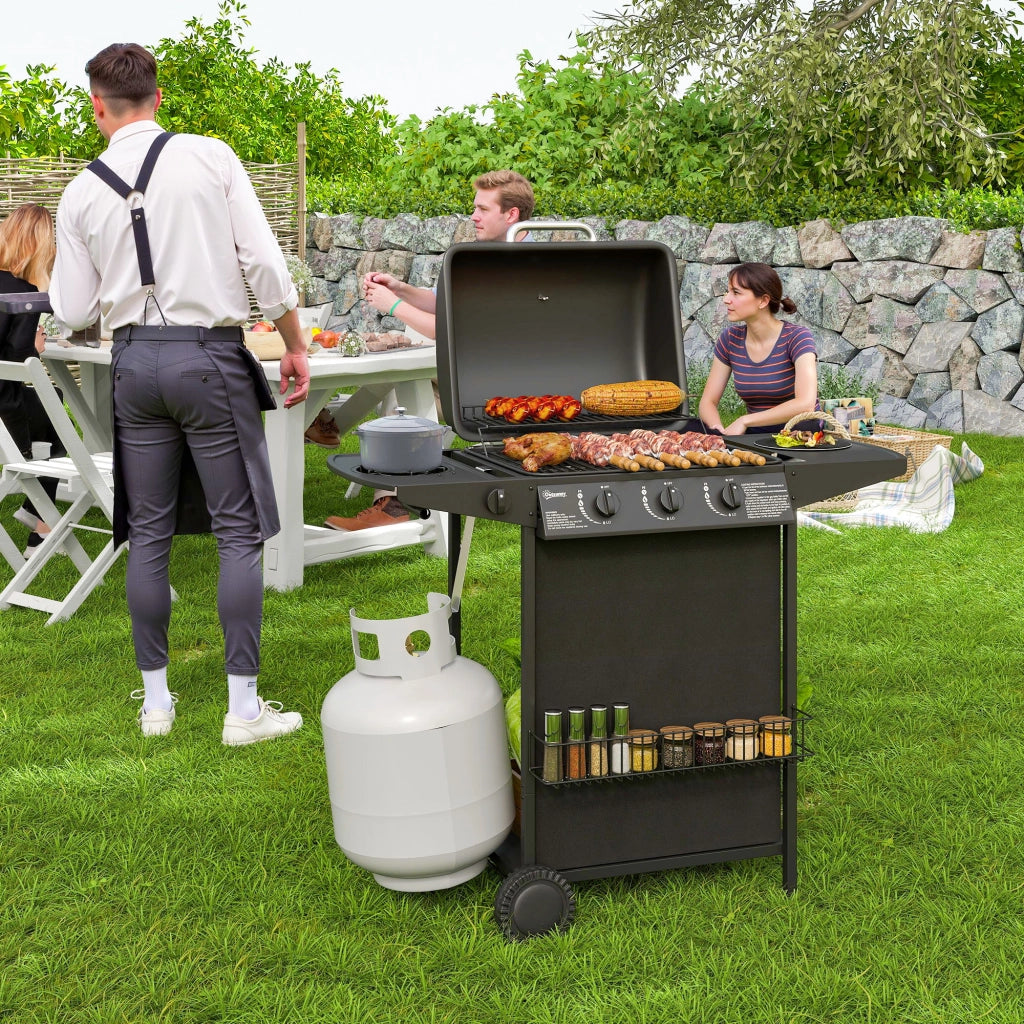 Barbecue a Gas con 4 Bruciatori Indipendenti e Coperchio con Termometro, 108x54x97 cm, Nero