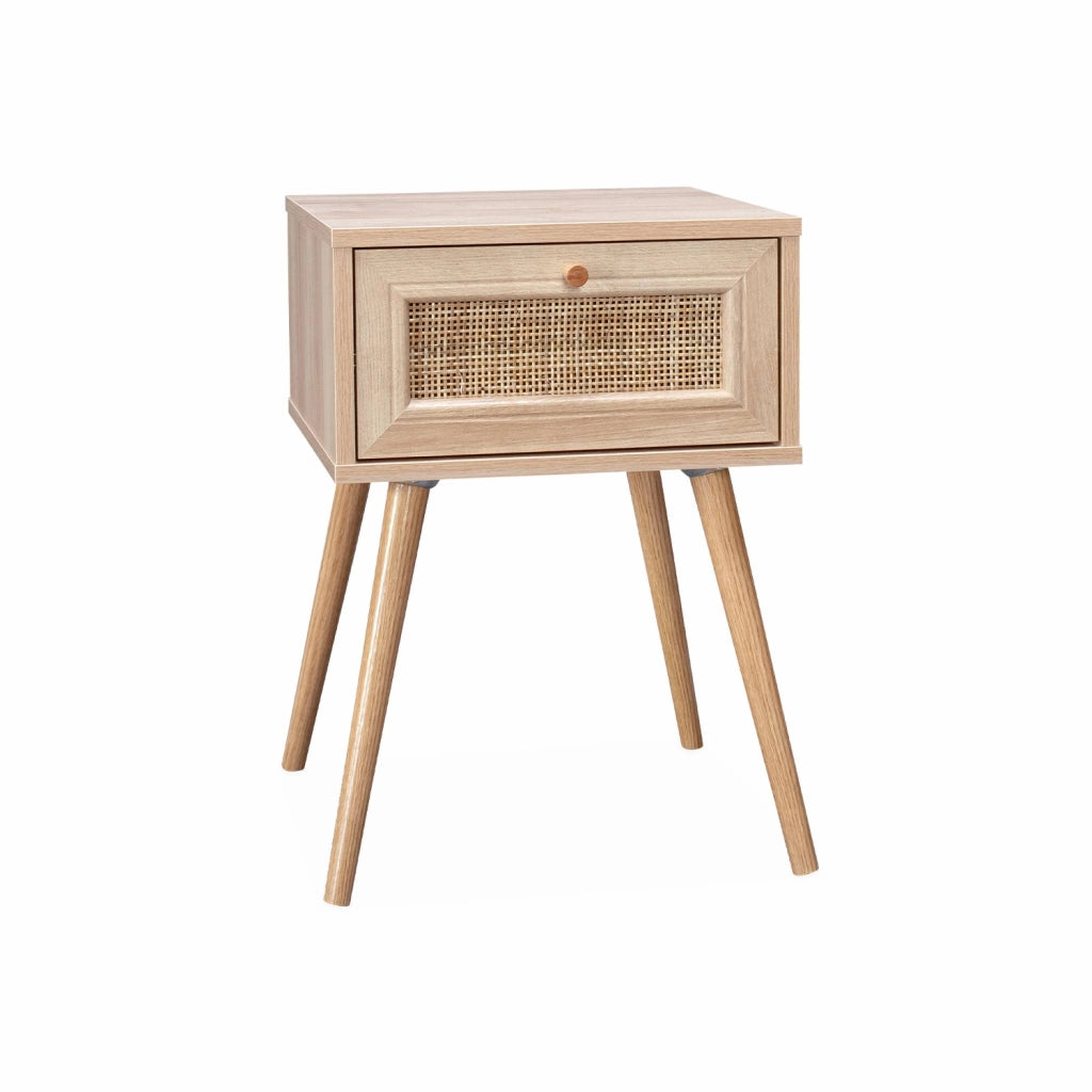 Comodino effetto legno e intrecciatura cannage, 1 cassetto, marrone