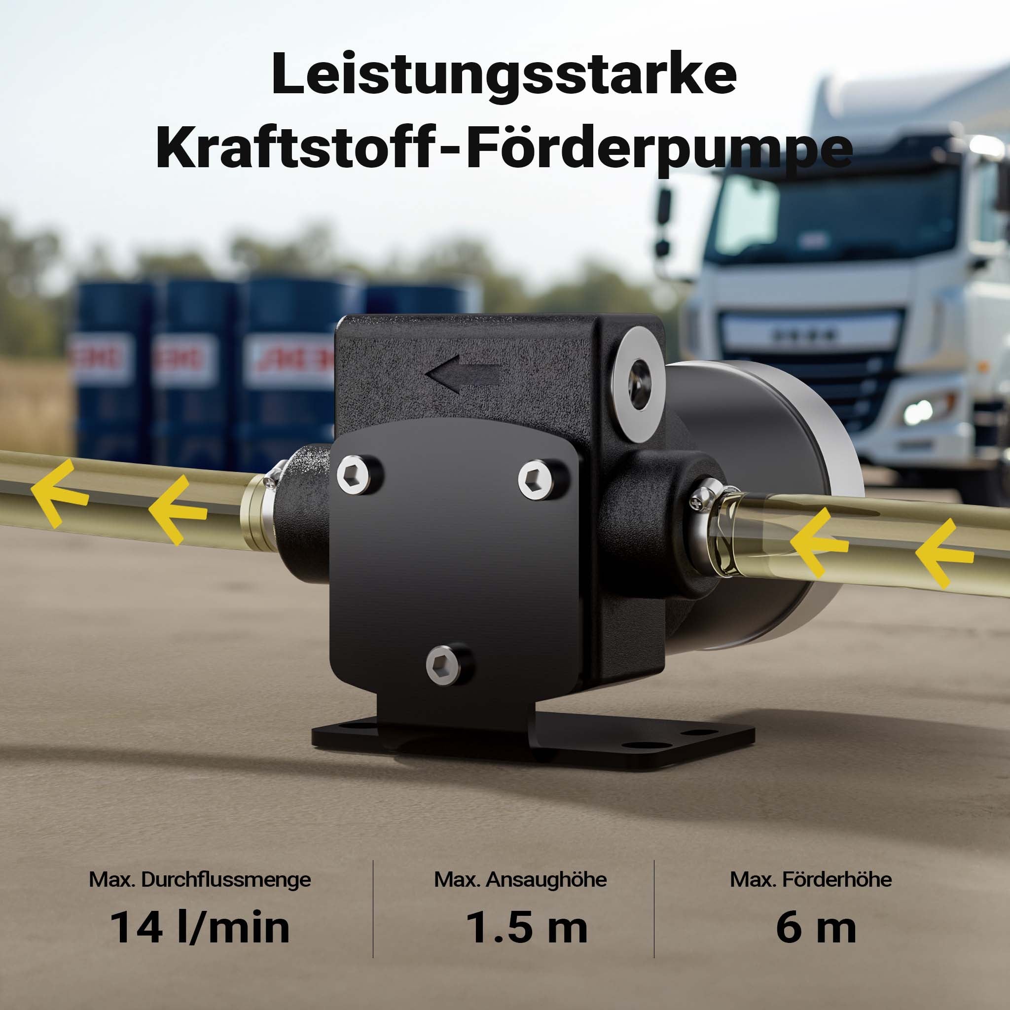 Pompa travaso carburante 12 V 75 W, Pompa travaso gasolio/benzina, 14 l/min, 3200 giri/min, con accessori