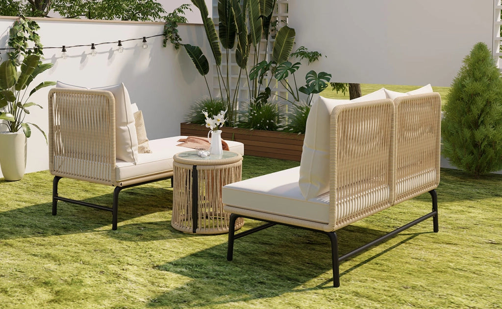 Set giardino: metallo + corda beige; sedute L + tavolo; uso esterno