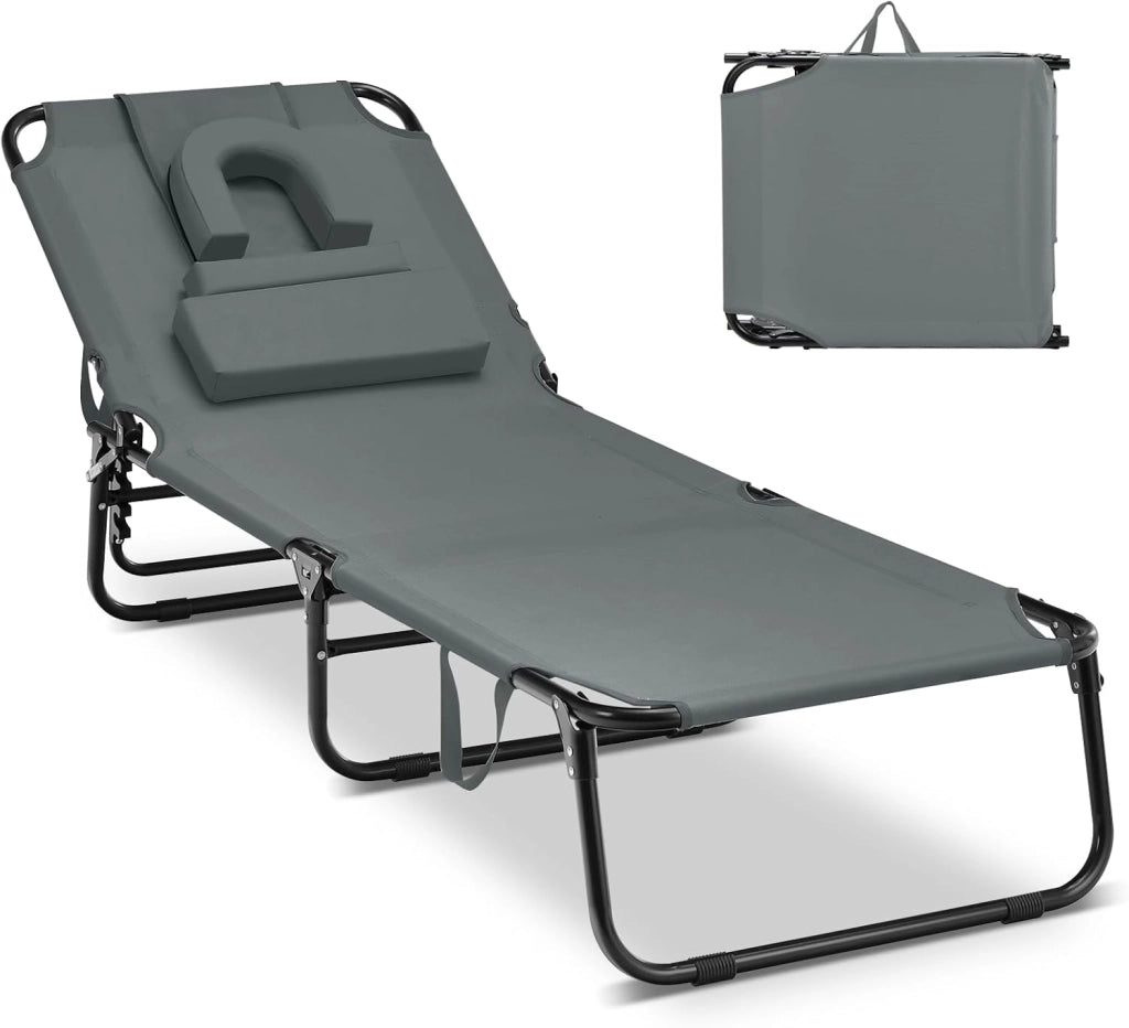 Lettino pieghevole per abbronzatura, con foro per il viso e cuscino estraibile, schienale e poggiapiedi regolabili, poltrona portatile per piscina e spiaggia (grigio)