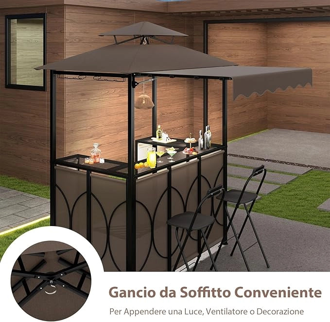 Gazebo per Barbecue, Pergola per BBQ con Tavolo Bar e 2 Sgabelli Bar Pieghevoli, Ripiani di Stoccaggio in Metallo, per Giardino e Cortile, 193 x 117 x 240 cm (Marrone)