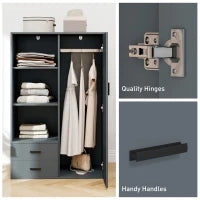 Armadio Moderno con 2 Cassetti, Ripiani Aperti e Vano Appendiabiti, 80x50x124 cm, Grigio Scuro