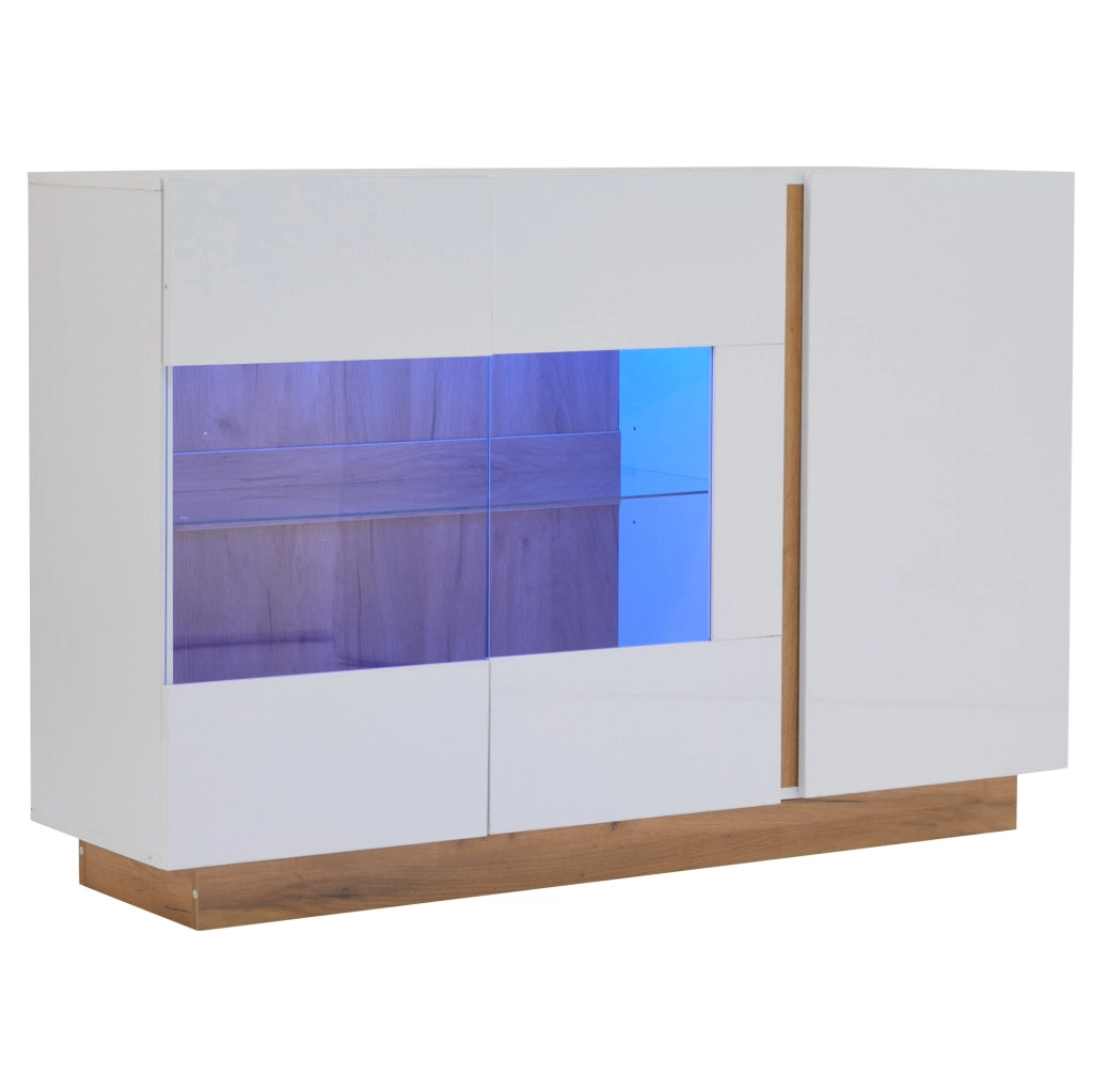 Credenza con 3 ante; luci LED RGB e finitura lucida in truciolato bianco