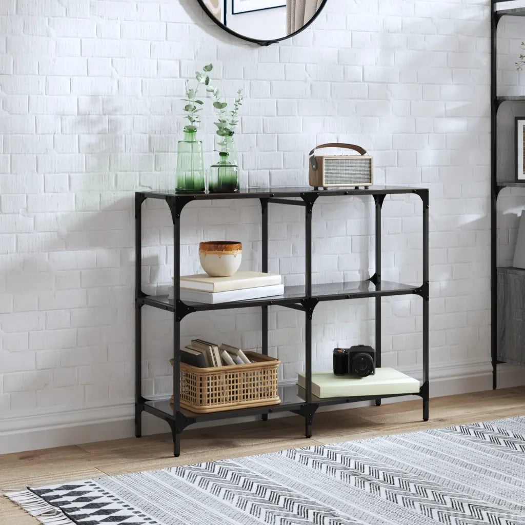 Tavolino Consolle | Tavolo d'Ingresso con Piano in Vetro Nero 98x30x81cm in Acciaio
