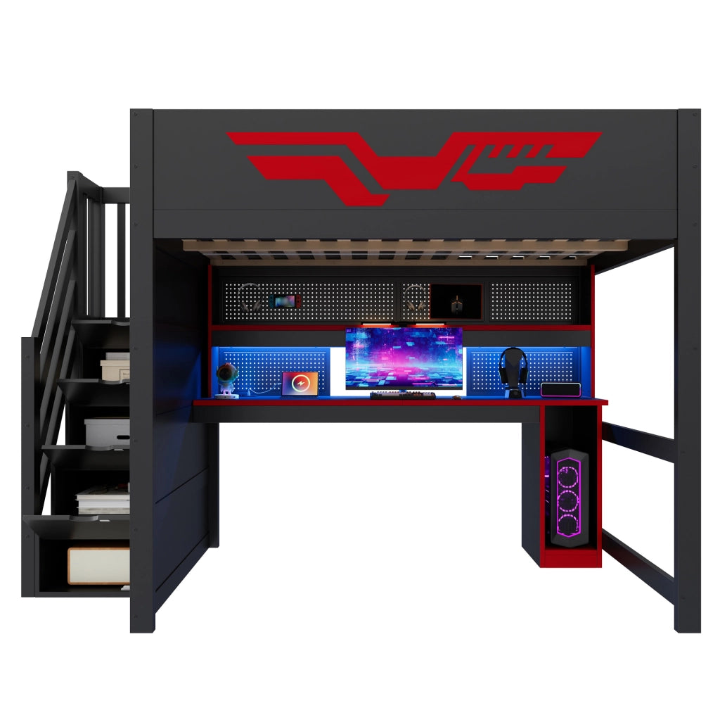 Letto a soppalco gaming 140 x 200 cm con scrivania, LED e USB