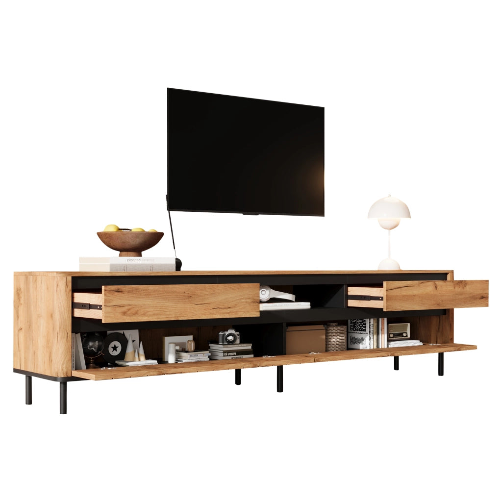 Mobile TV con 2 cassetti; 2 ante e passacavi per soggiorno 180×40×52 cm in MDF nero e naturale