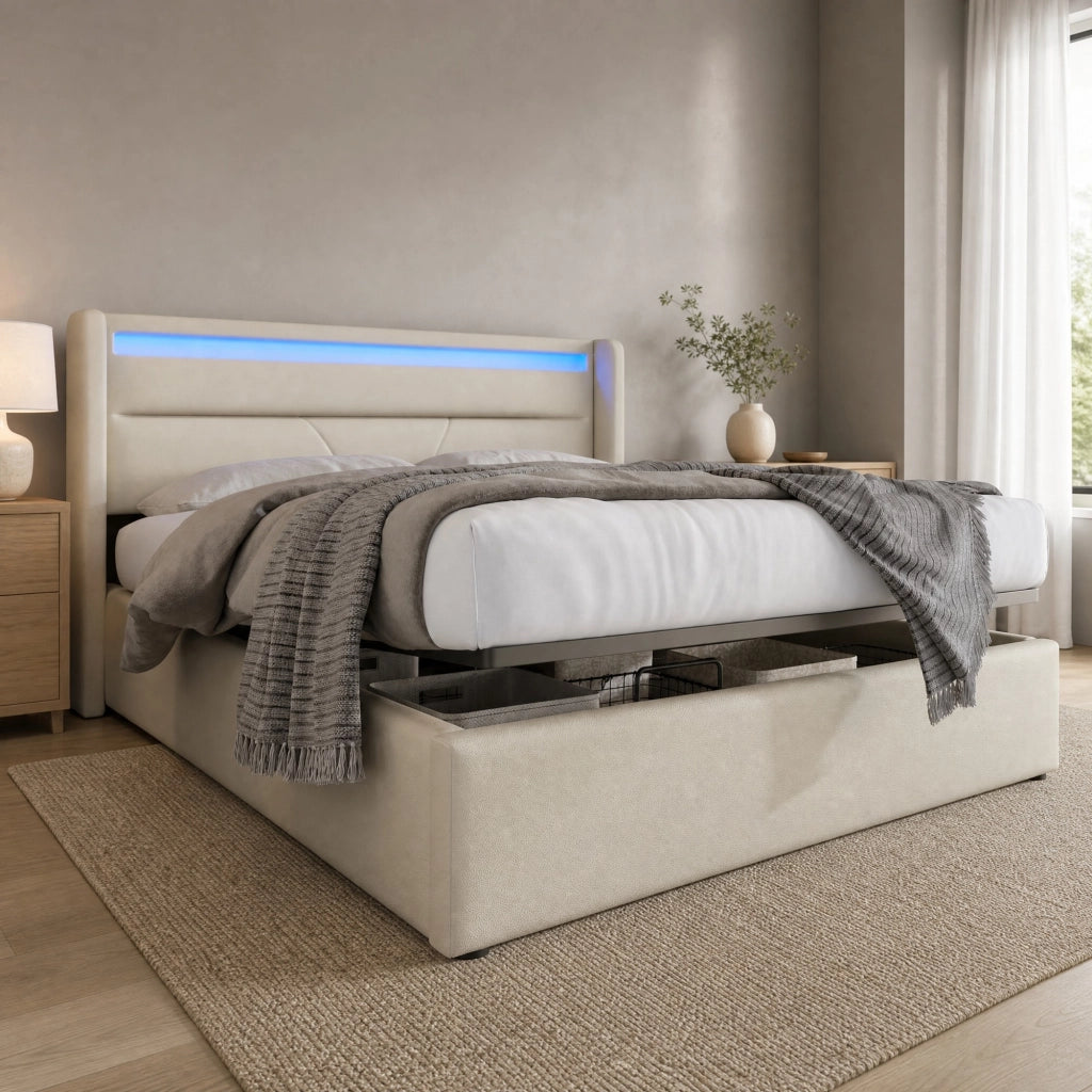 Letto imbottito contenitore 140x200 cm con LED, struttura in PU bianco, box letto sollevabile