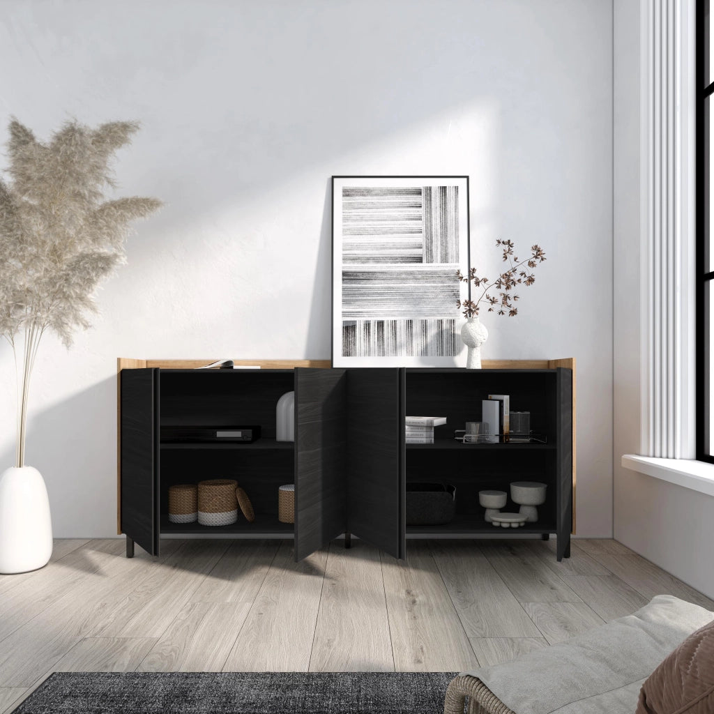 Credenza, Mobile, Cucina, 207x91x35 cm, 4 Porte, Design industriale, Nero e rovere