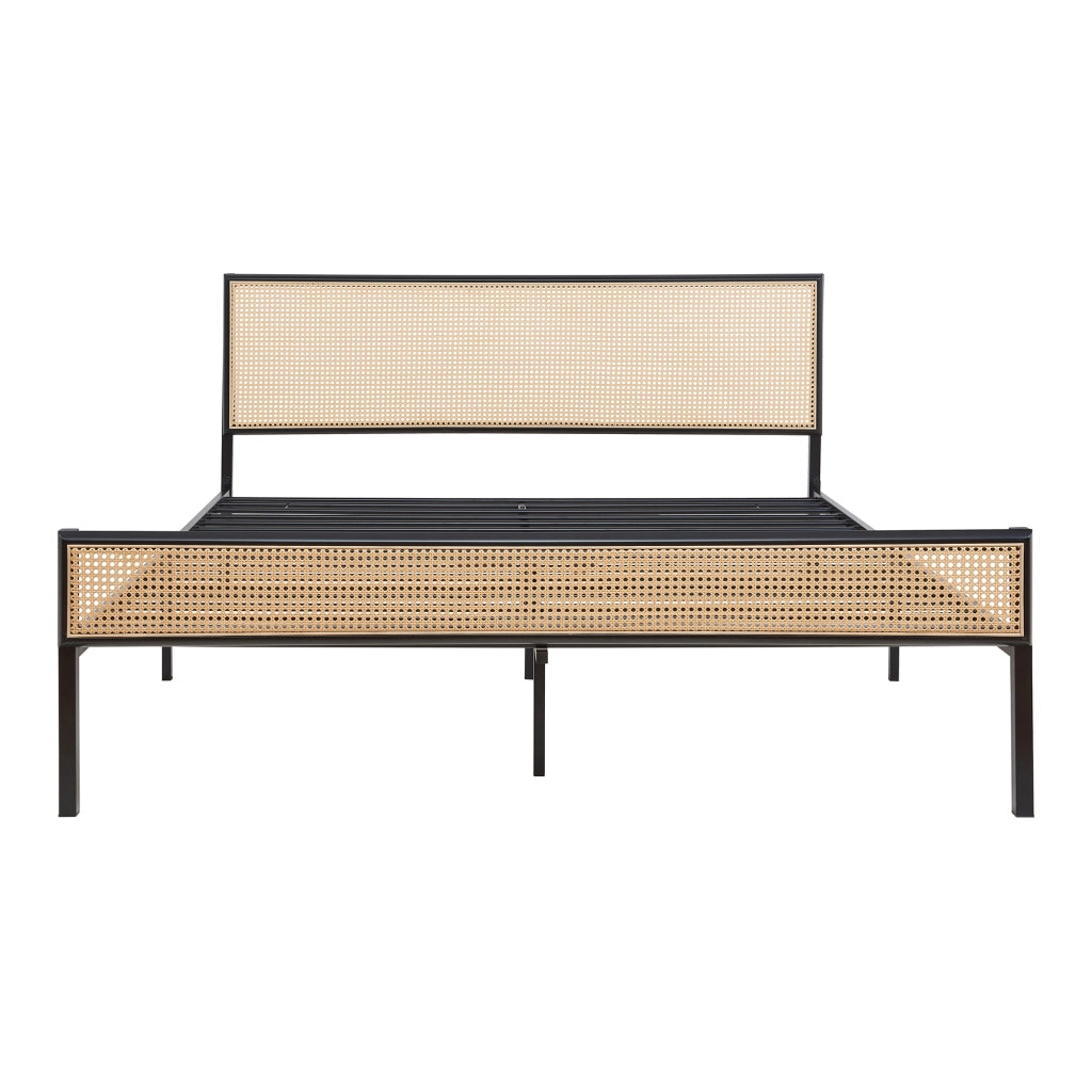 Letto Matrimoniale Linköping in Metallo Nero con Testiera e Pediera Effetto Rattan 160x200 cm [en.casa]