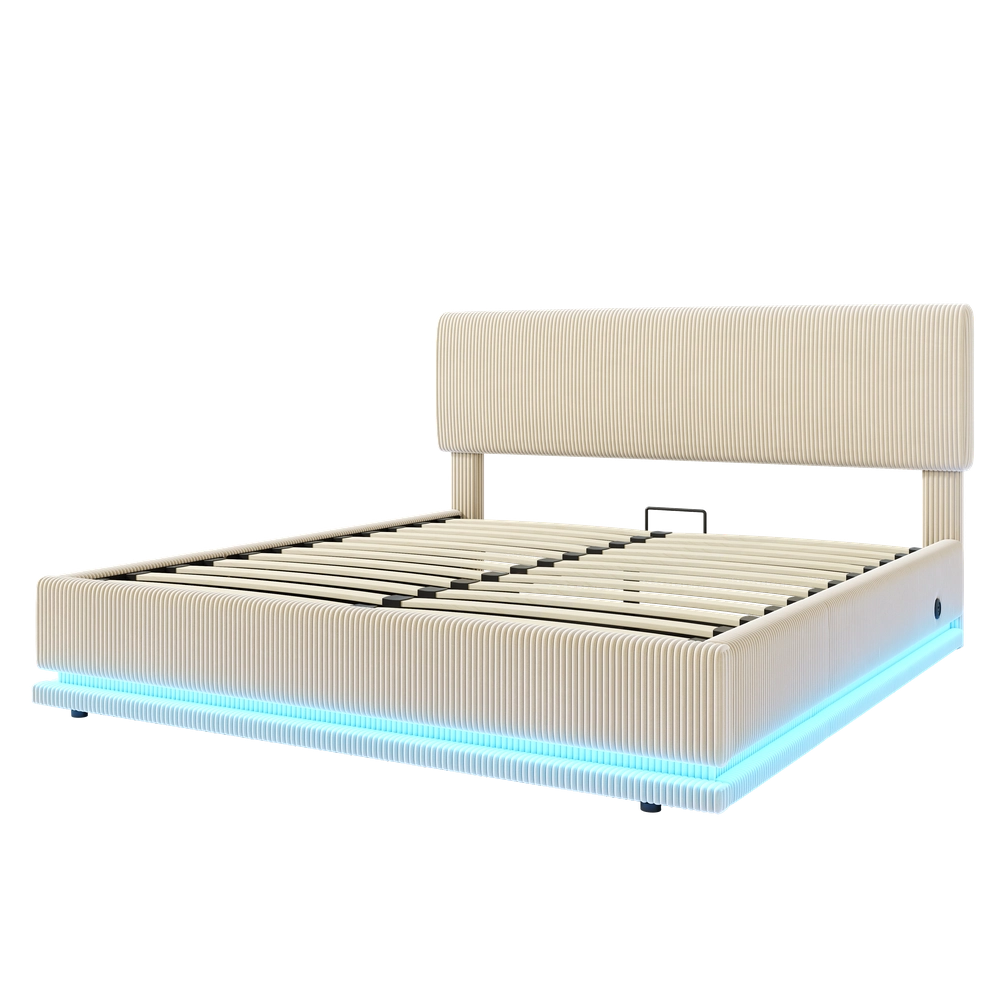 Letto Imbottito Contenitore con LED e Testiera Regolabile in Tessuto ¨C Xylo ¨C 160x200 Beige