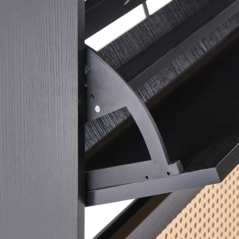 Scarpiera a 3 scomparti in legno MDF melaminico e rattan PE stile boho nero