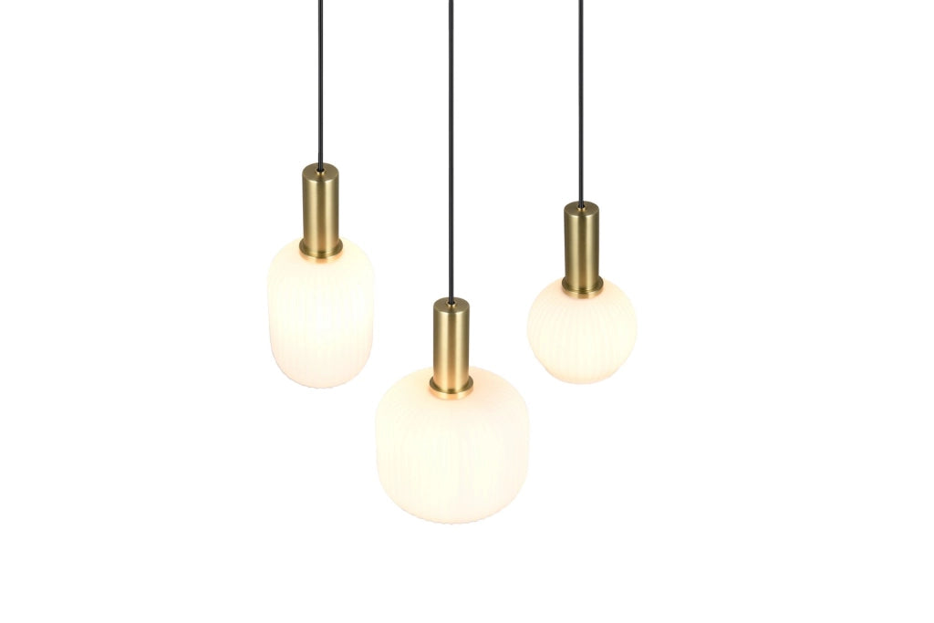 Lampadario tondo nero-ottone 3xE27 vetro bianco Diva Trio