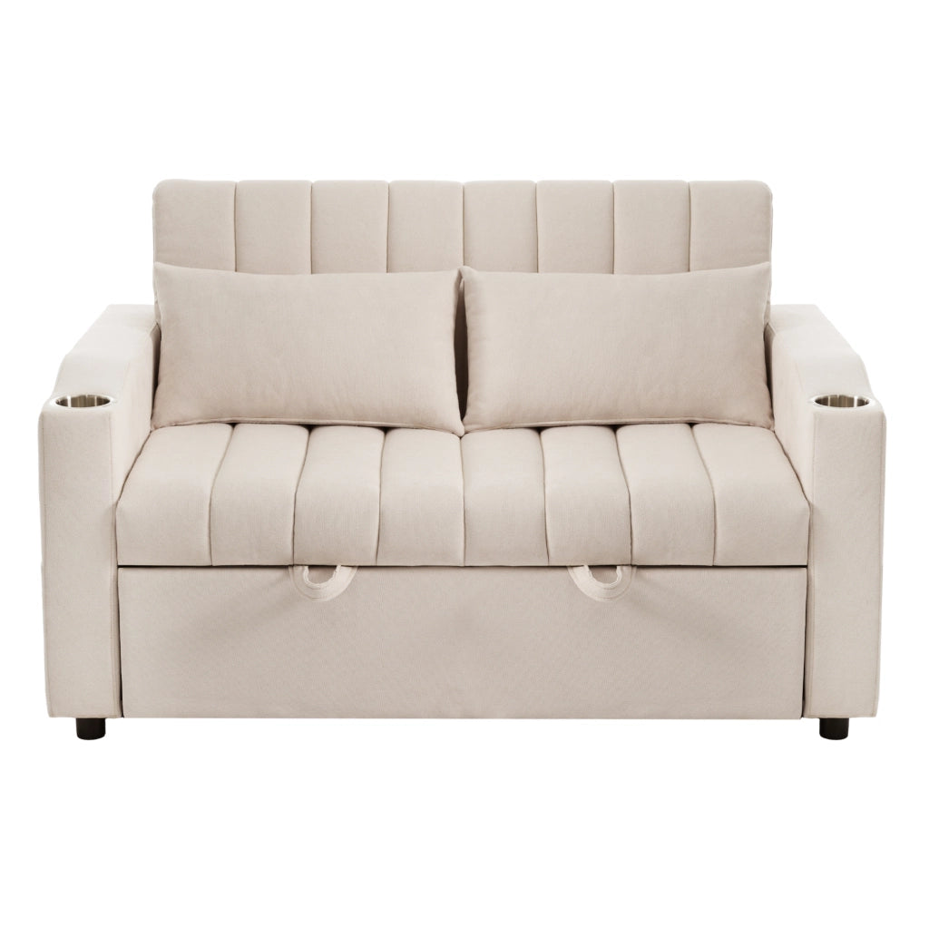 Divano letto 2 posti beige con schienale reclinabile e portabicchieri