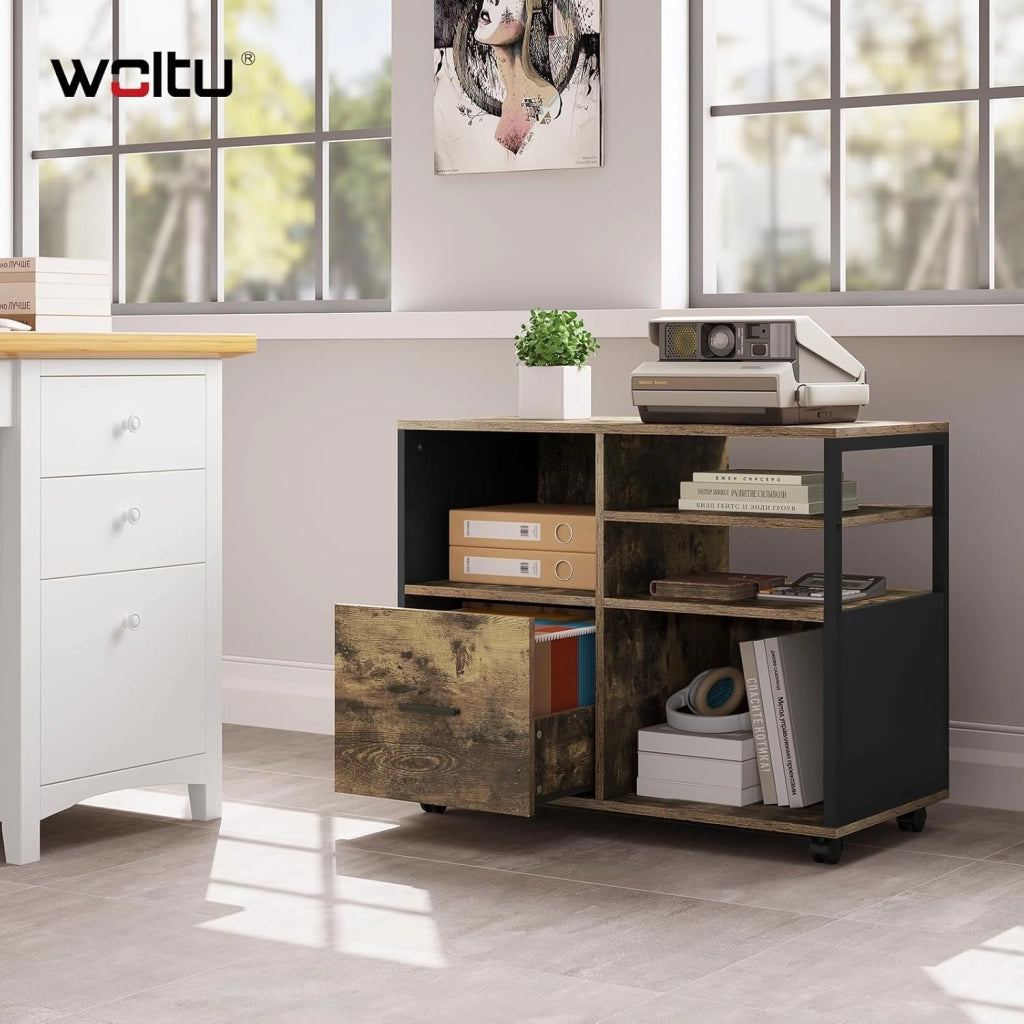 Schedario da Ufficio con 4 Scomparti a Giorno, Mobile da Ufficio per Documenti con Ruote, Mobile Vintage per Stampante con 1 Cassetto, in Legno e Metallo, Marrone Rustico e Nero, ASK05hov
