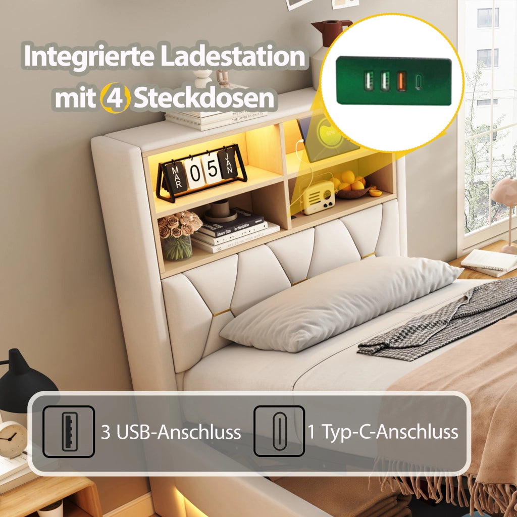 DESMIU Lit enfant 90 × 200 cm con LED, USB, vano contenitore, senza materasso, beige