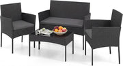 Salotto da Giardino Esterno 4 Pezzi, Set da Esterno in Rattan con Tavolino con Piano in Vetro, Divano 2 Posti e 2 Poltrone, Set da Conversazione con Cuscini per Patio, Balcone e Terrazzo (Grigio)