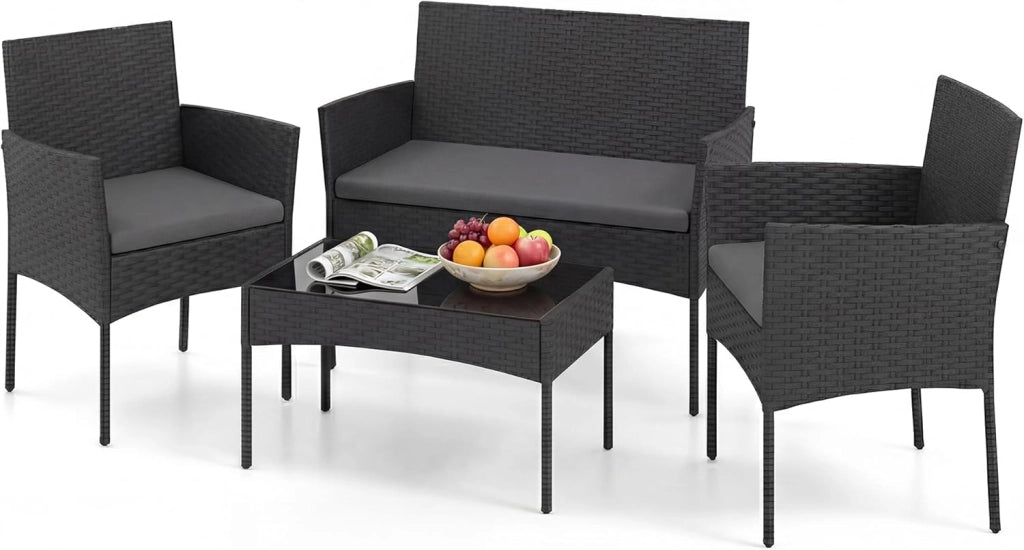 Salotto da Giardino Esterno 4 Pezzi, Set da Esterno in Rattan con Tavolino con Piano in Vetro, Divano 2 Posti e 2 Poltrone, Set da Conversazione con Cuscini per Patio, Balcone e Terrazzo (Grigio)