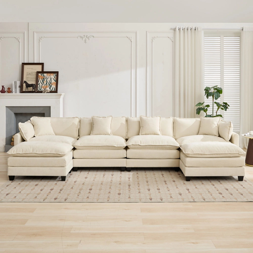 Divano modulare 4 posti con cuscini ergonomici e struttura flessibile in ciniglia beige per soggiorno 75 × 380 × 84 cm