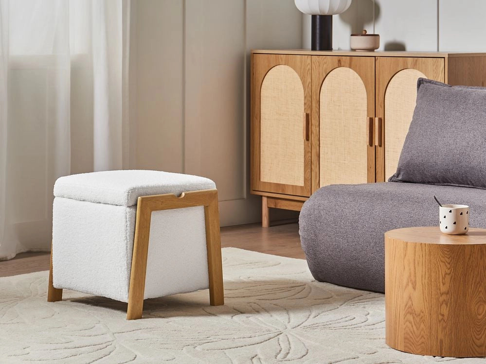 Pouf rivestito in tessuto bouclè bianco con contenitore Accessorio Soggiorno Camera da letto Glam Retrò