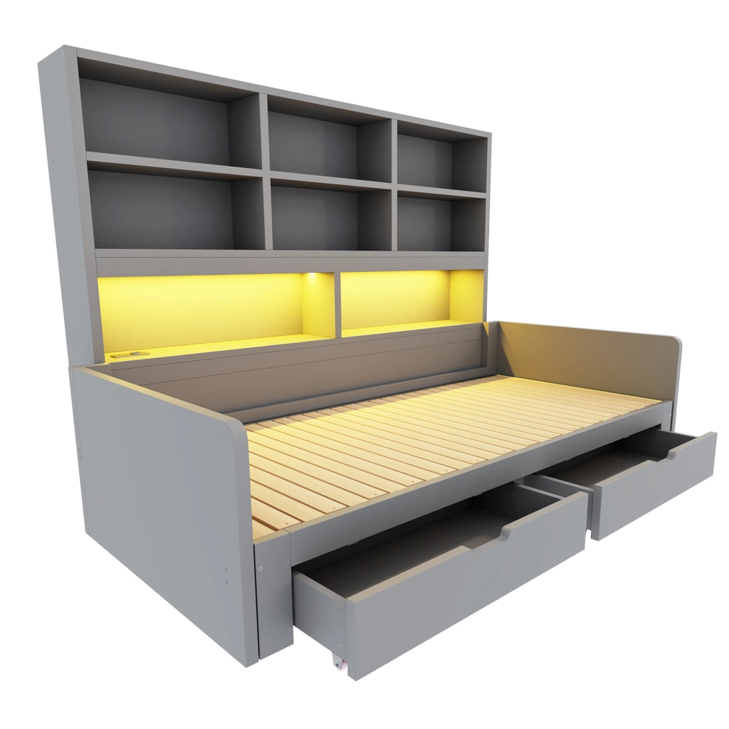 Letto multifunzione 90/180x200 cm in MDF grigio con LED; prese e cassetti