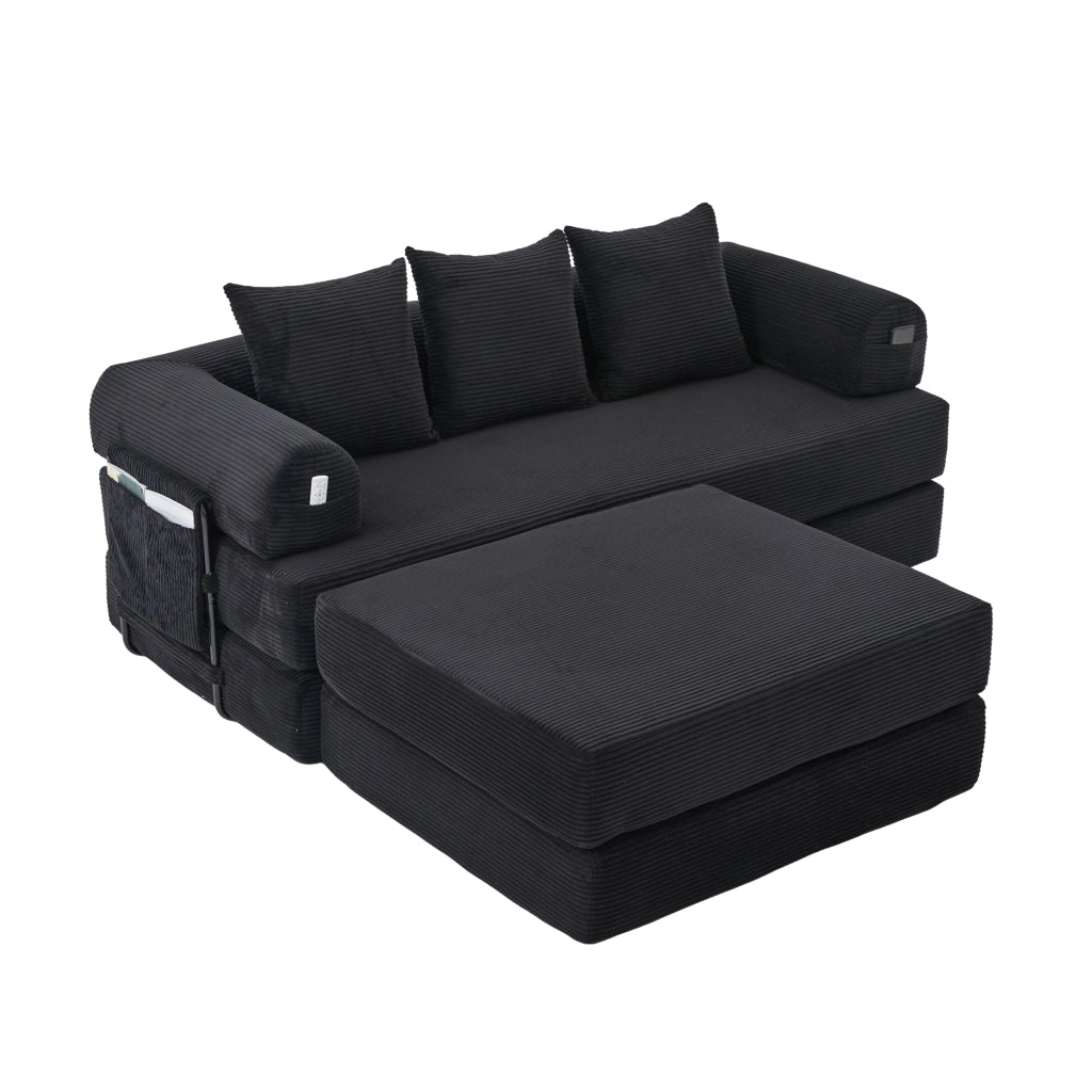 Divano modulare in velluto a coste nero con pouf; 3 cuscini e tasca laterale; 200x190x67 cm
