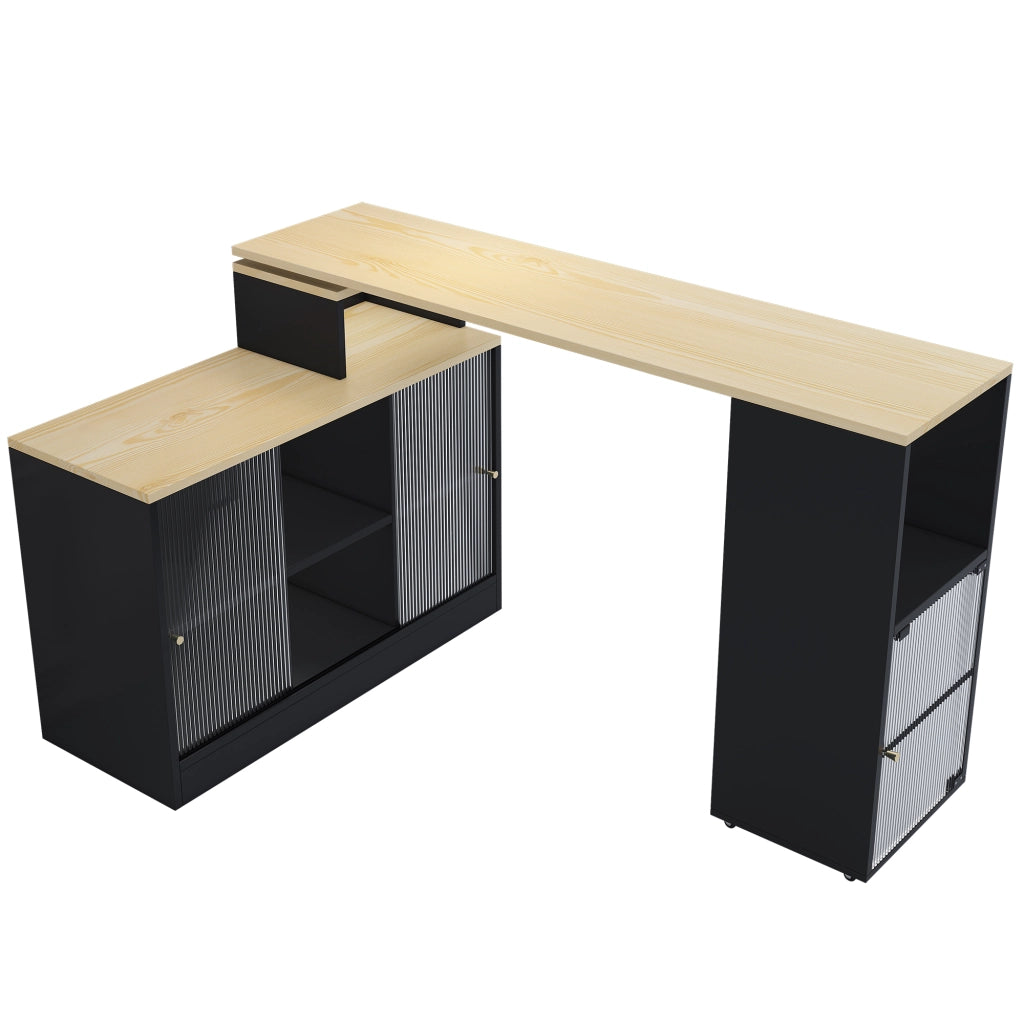 Tavolo bar allungabile nero con contenitore, mobile a 360° in MDF e vetro, salvaspazio