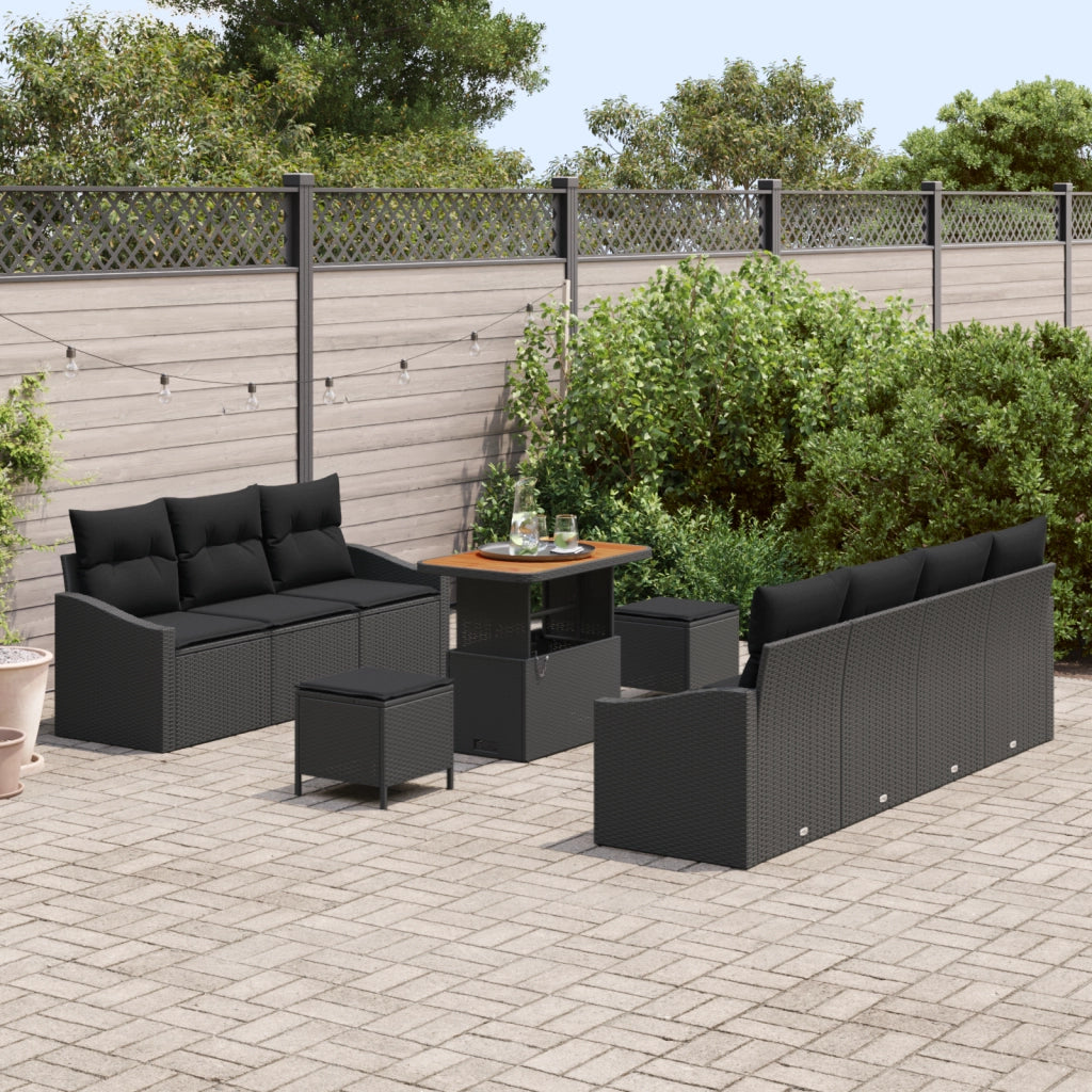 Set divano giardino con cuscini  10 pezzi Nero Polyrattan Acacia