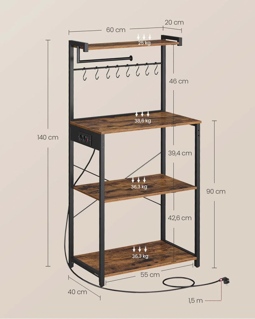 Mensola da cucina con multipresa bancone da caffè a 4 ripiani con ripiano regolabile supporto per microonde portarotolo di carta 40 x 60 x 140 cm marrone 12_0005659