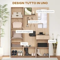Mobile da Ingresso 4 in 1 in Truciolato con Specchio, Ganci e Ripiani Regolabili Interni, 145x29x184 cm