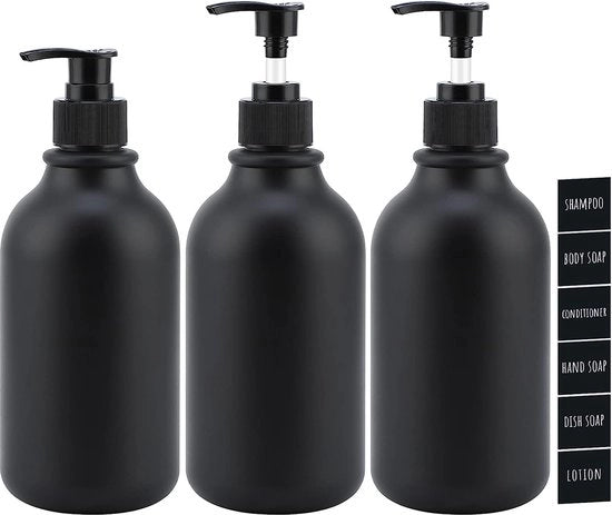 Dispensatore di Lotion, 3 pezzi, 500 ml, dispensatore di sapone per shampoo, sapone liquido, gel doccia, dispensatore di detersivo per lavastoviglie da riempire con etichette, riempibile, flacone di plastica congelato per cucina e bagno, bocchetta piatta.