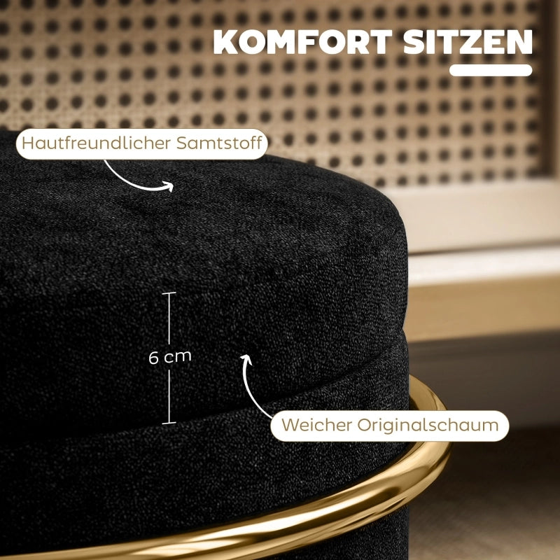 POUF Contenitore Ø42x39 cm Velluto Nero con Struttura in Acciaio Dorato