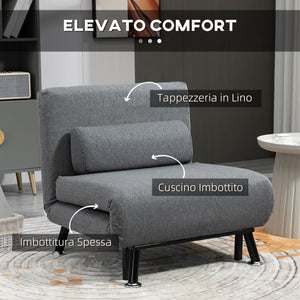 Poltrona Letto Reclinabile in 5 Posizioni 75x70x75 cm in Tessuto Effetto Lino e Acciaio Grigio